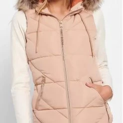 ΑΝΔΡΑΣ FUNKY BUDDHA Καπιτονέ γιλέκο με γούνα στην κουκούλα Biege